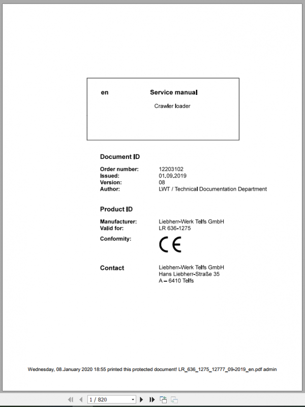 Liebherr Crawler Loader LR 636 1275 Service Manual