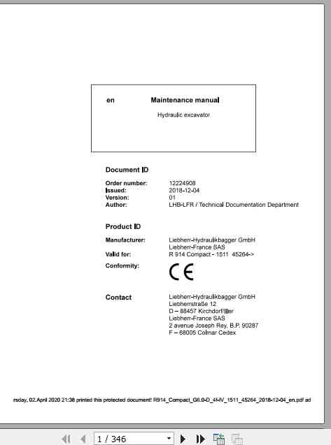 Liebherr Hydraulic Excavator R914 Compact Maintenance Manual 1