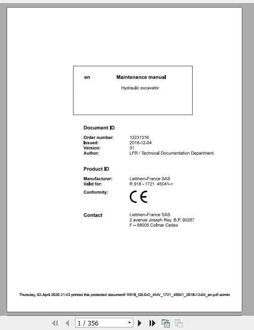 Liebherr Hydraulic Excavator R918 Maintenance Manual