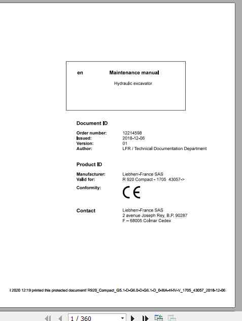 Liebherr Hydraulic Excavator R920 Compact Maintenance Manual