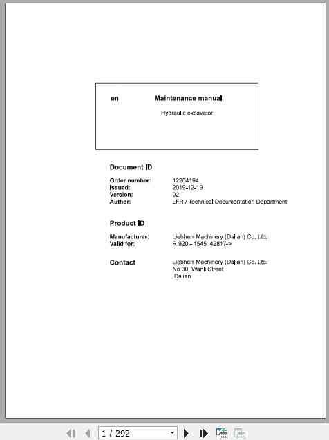 Liebherr Hydraulic Excavator R920 Maintenance Manual