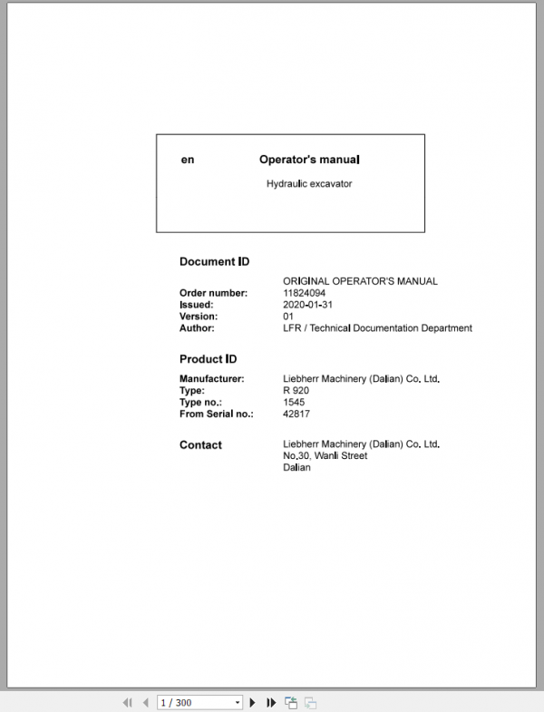 Liebherr Hydraulic Excavator R920 Operator Manuals 1