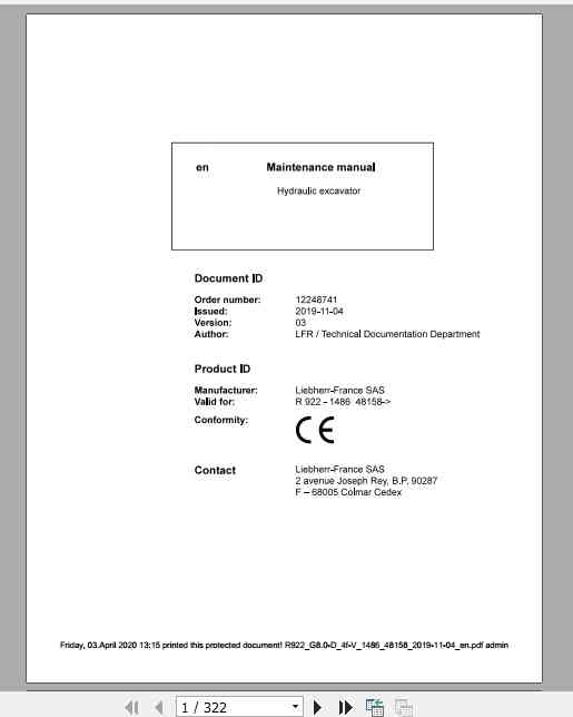 Liebherr Hydraulic Excavator R922 1486 Maintenance Manual