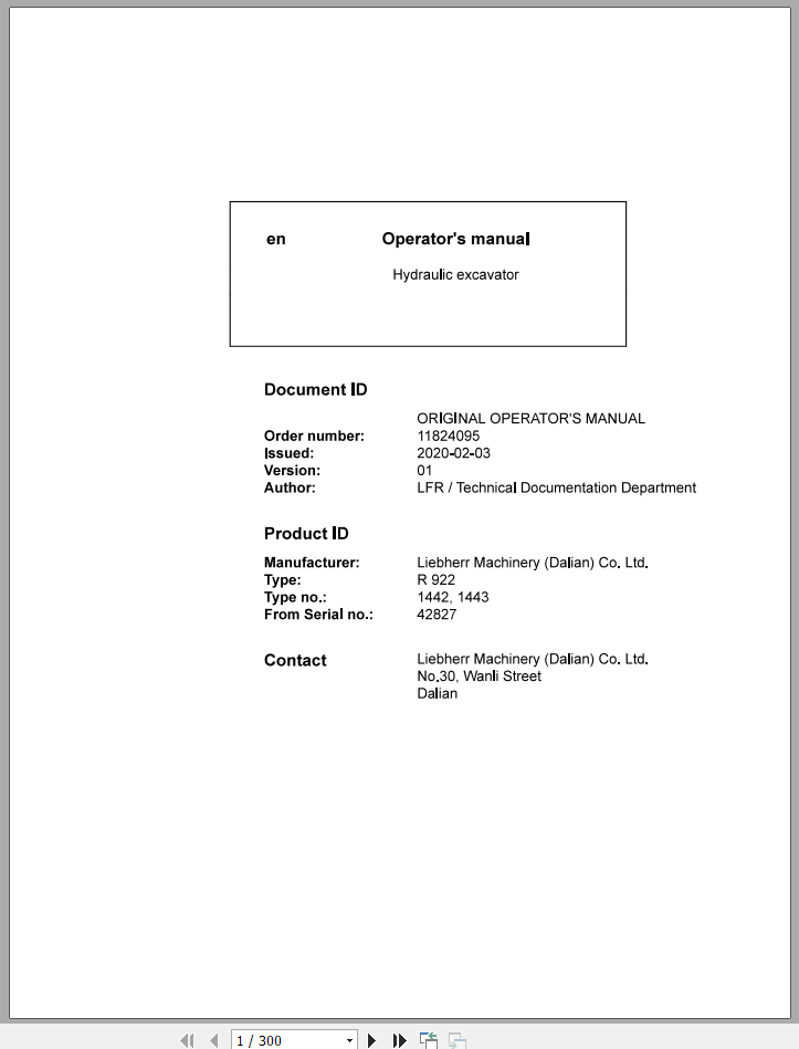 Liebherr Hydraulic Excavator R922 Operator Manuals 1