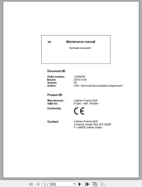 Liebherr Hydraulic Excavator R924 1487 Maintenance Manual