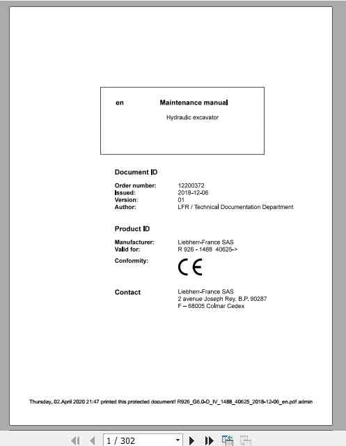 Liebherr Hydraulic Excavator R926 1488 Maintenance Manual