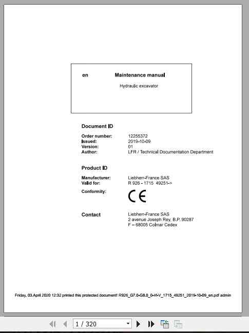 Liebherr Hydraulic Excavator R926 1715 Maintenance Manual