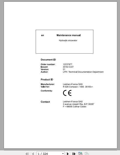 Liebherr Hydraulic Excavator R926 Compact Maintenance Manual
