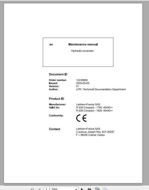 Liebherr Hydraulic Excavator R936 Compact Maintenance Manual