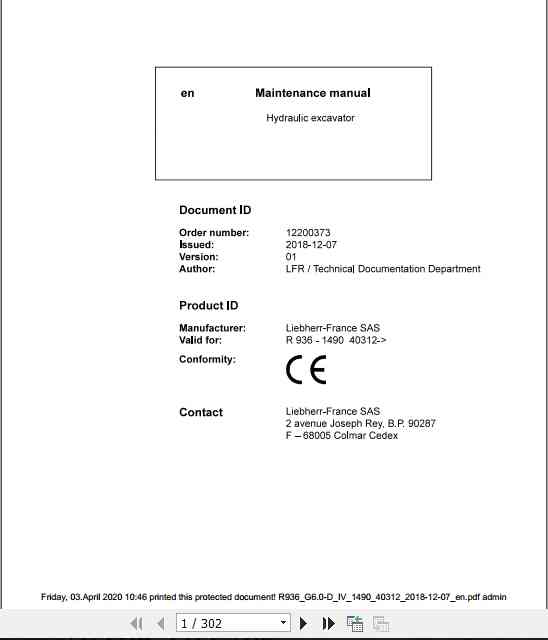 Liebherr Hydraulic Excavator R936 Maintenance Manual