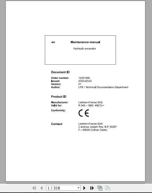 Liebherr Hydraulic Excavator R945 Maintenance Manual