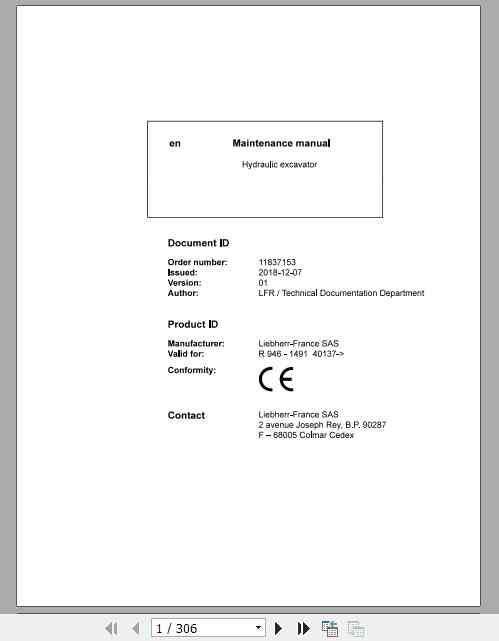 Liebherr Hydraulic Excavator R946 Maintenance Manual