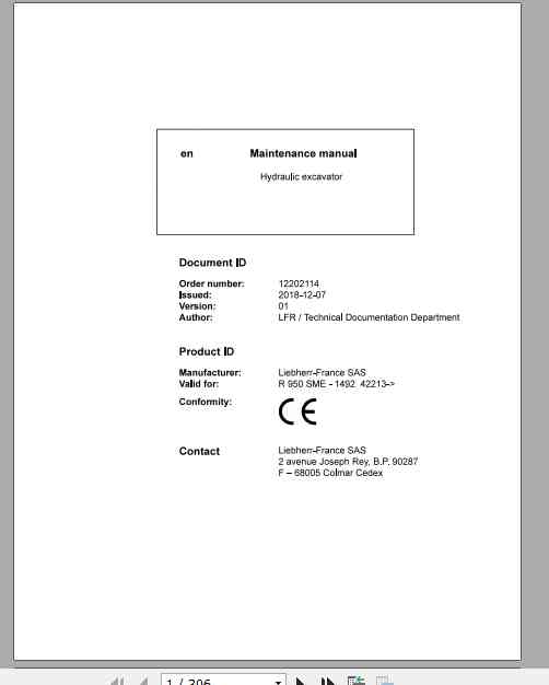 Liebherr Hydraulic Excavator R950 SME Maintenance Manual
