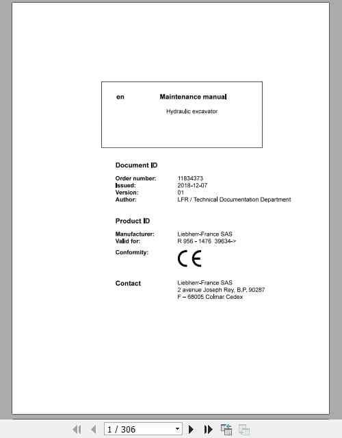 Liebherr Hydraulic Excavator R956 Maintenance Manual