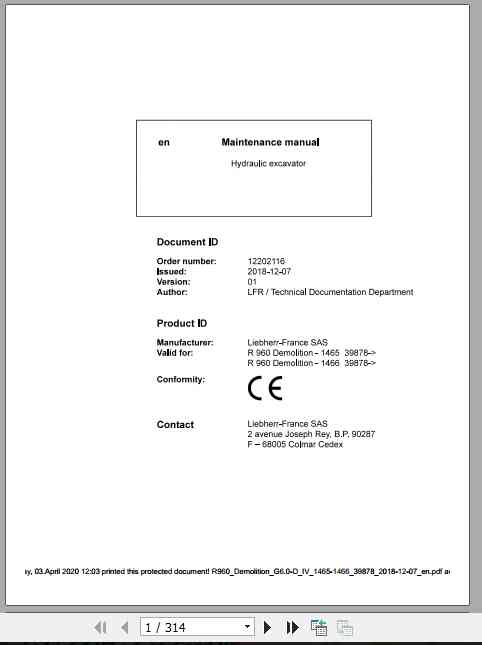 Liebherr Hydraulic Excavator R960 Demolition Maintenance Manual