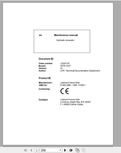 Liebherr Hydraulic Excavator R960 SME Maintenance Manual