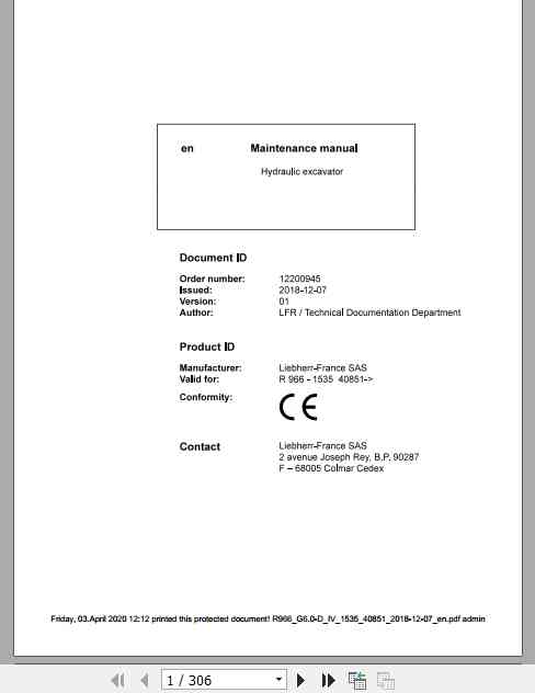 Liebherr Hydraulic Excavator R966 Maintenance Manual