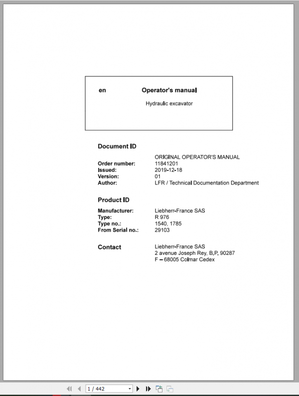 Liebherr Hydraulic Excavator R976 1540 1785 Operator Manuals 1