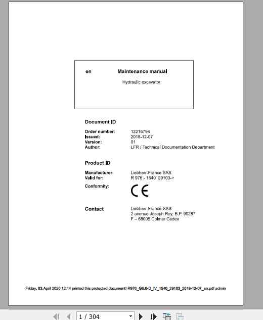 Liebherr Hydraulic Excavator R976 Maintenance Manual