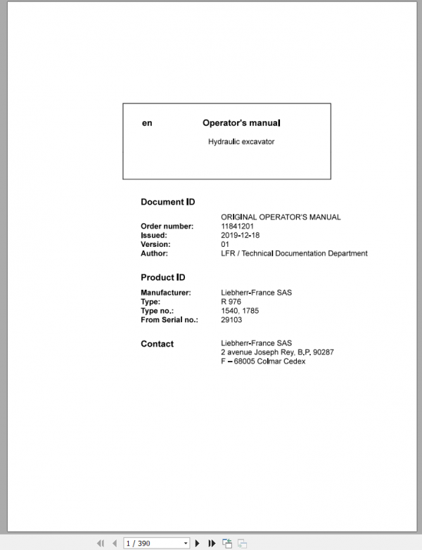 Liebherr Hydraulic Excavator R976 Operator Manuals 1