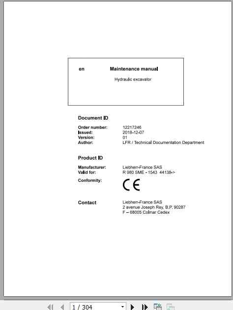 Liebherr Hydraulic Excavator R980 SME Maintenance Manual