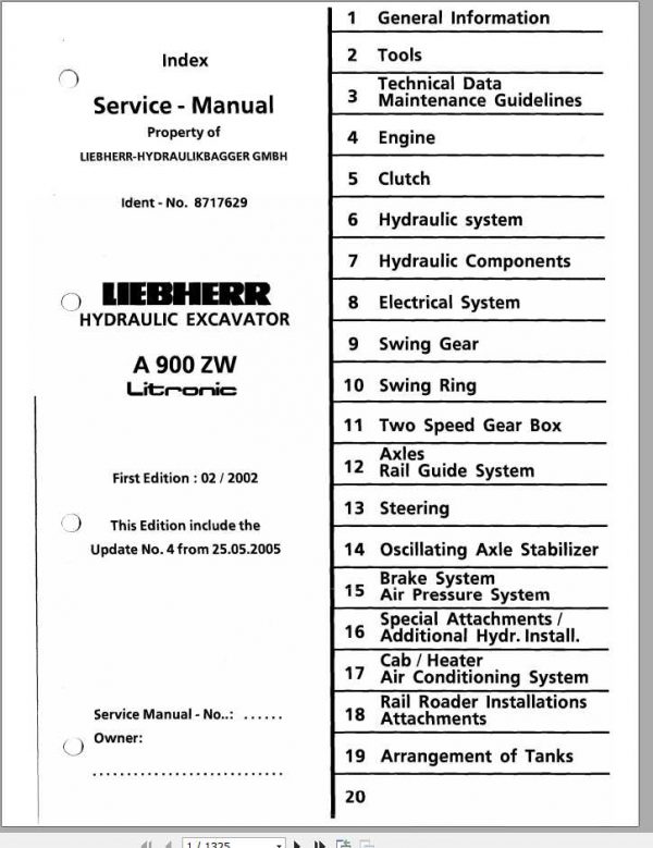 Liebherr Hydraulic Excavators A900C ZW LI Service Manuals