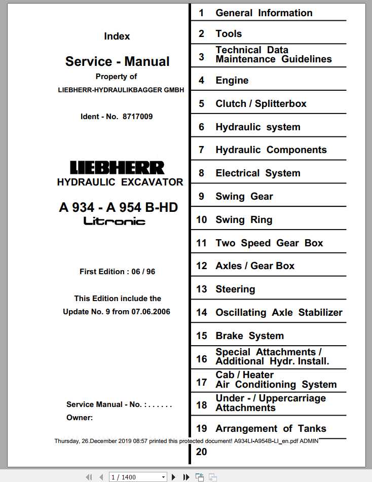 Liebherr Hydraulic Excavators A934LI A954B HD LI Service Manuals