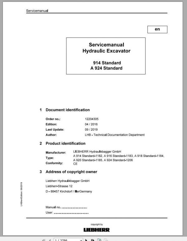Liebherr Hydraulic Excavators A 914924 Standard Service Manual