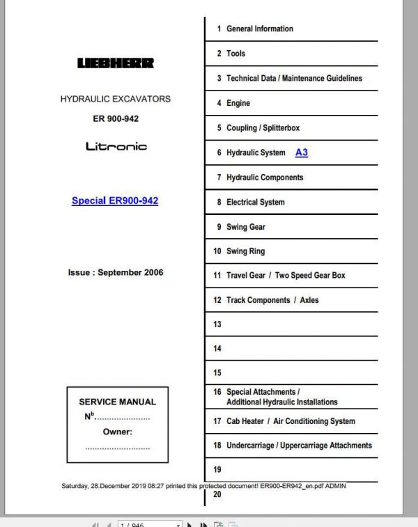 Liebherr Hydraulic Excavators ER900 ER942 Litronic Service Manuals 1