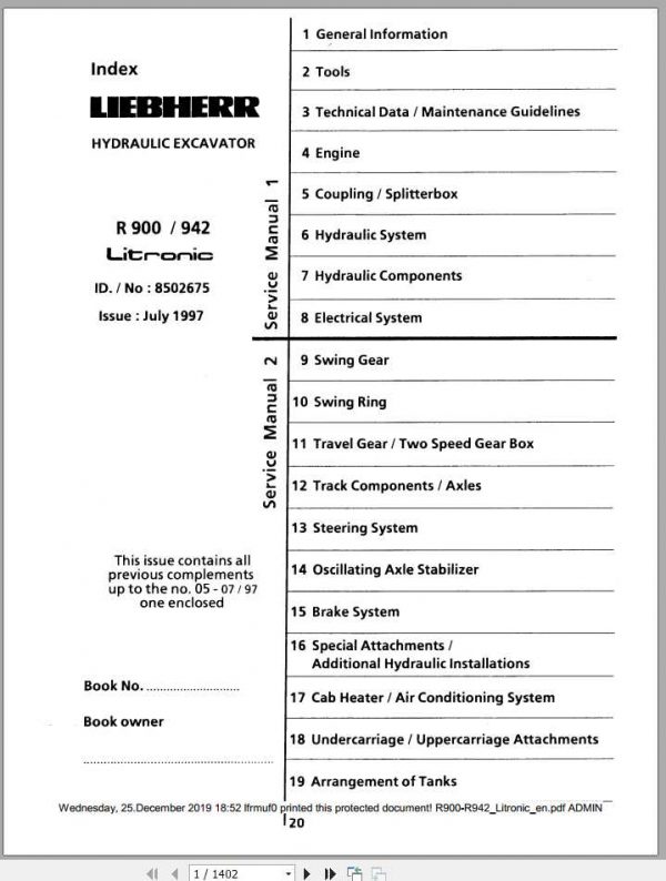 Liebherr Hydraulic Excavators R900 R942 Litronic Service Manuals