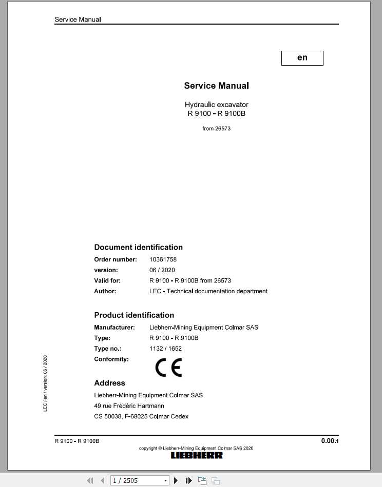Liebherr Hydraulic Excavators R9100 1132 1652 Service Manual