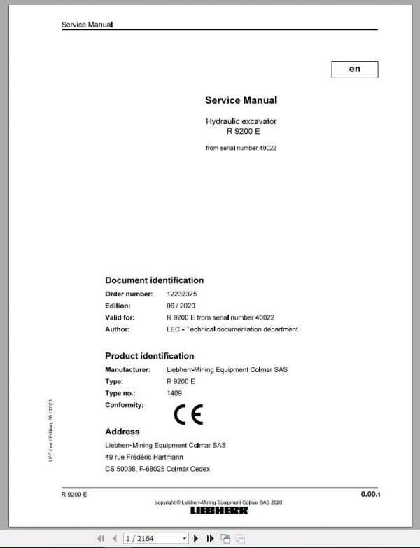 Liebherr Hydraulic Excavators R9200E 1409 40022 Service Manual