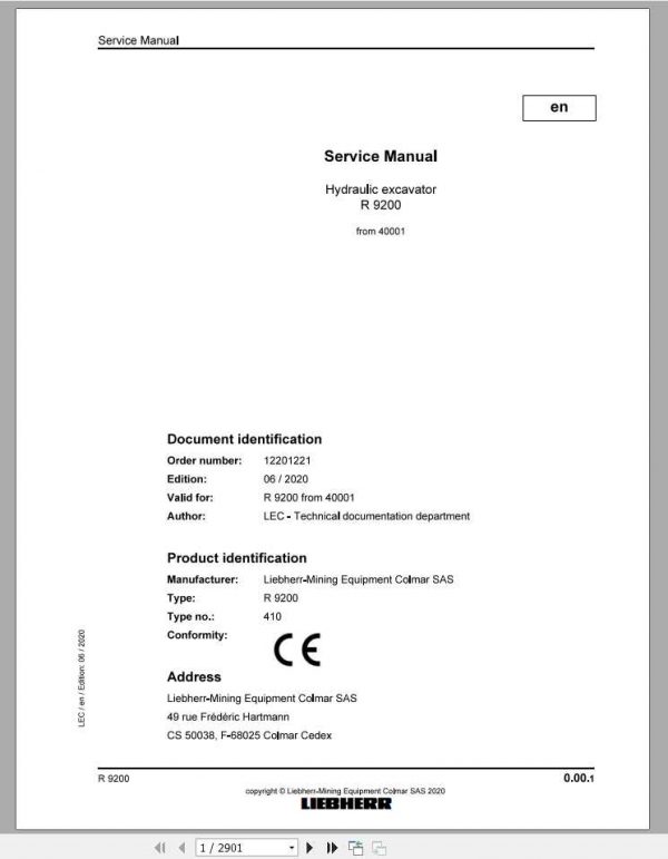 Liebherr Hydraulic Excavators R9200 410 40001 Service Manual