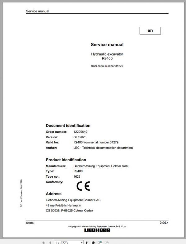 Liebherr Hydraulic Excavators R9400 1629 31279 Service Manual
