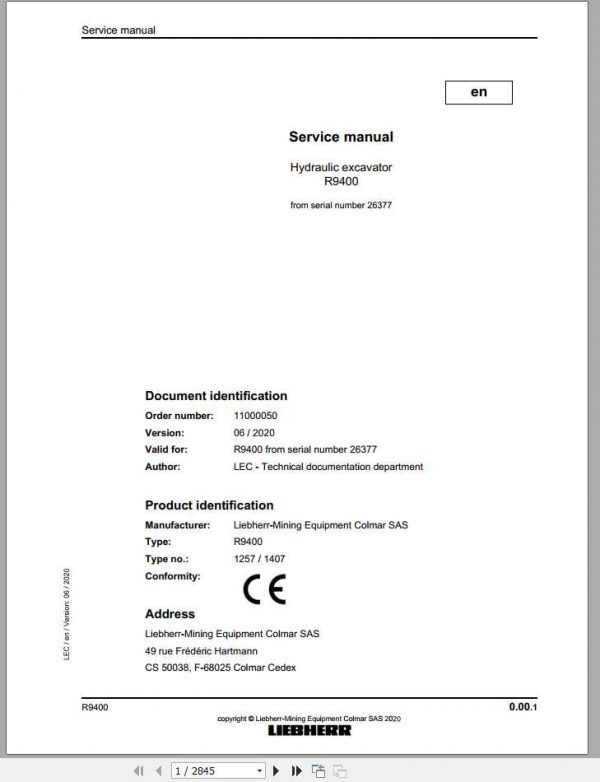 Liebherr Hydraulic Excavators R9400 26377 Service Manual