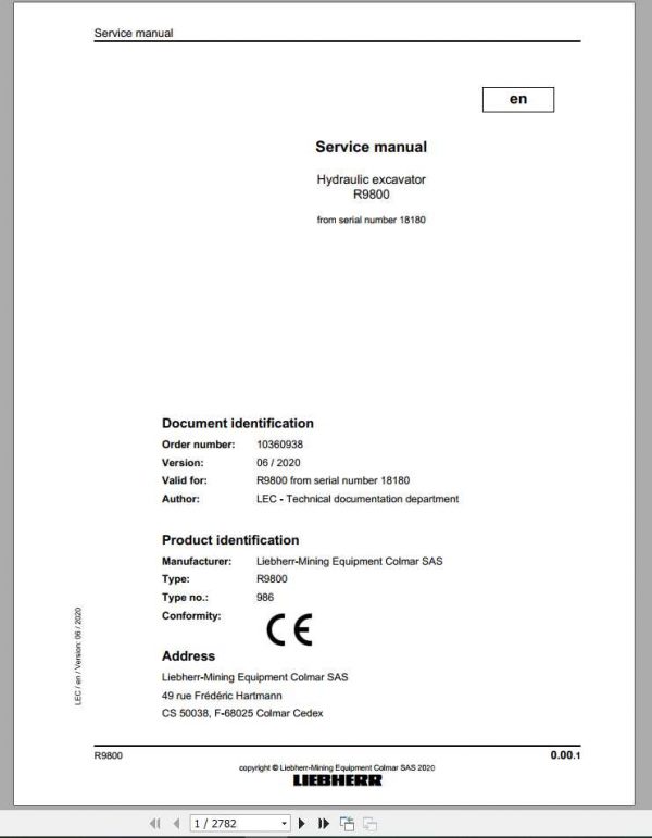 Liebherr Hydraulic Excavators R9800 986 18180 Service Manual