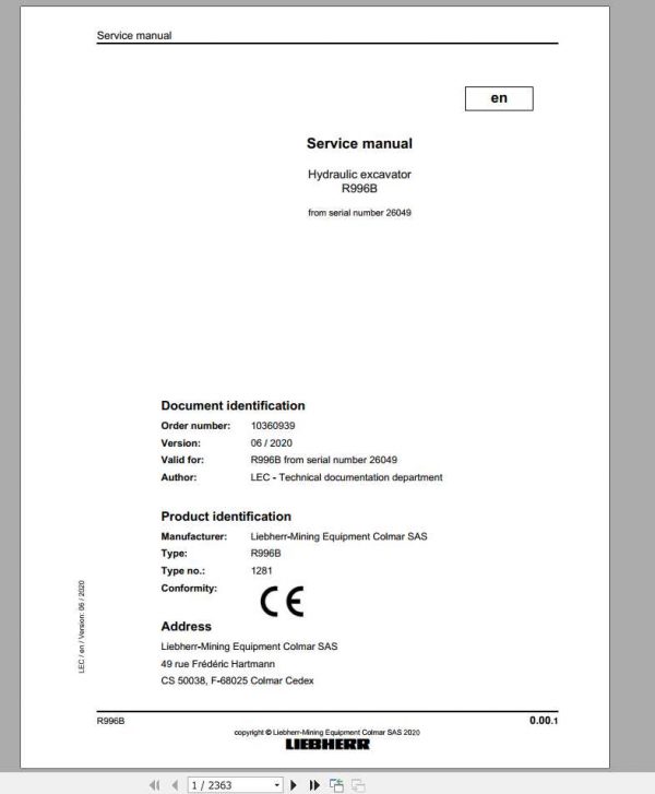 Liebherr Hydraulic Excavators R996B 26049 Service Manual 1