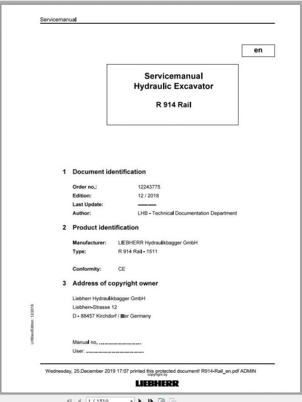 Liebherr Hydraulic Excavators R 914 Rail Service Manual