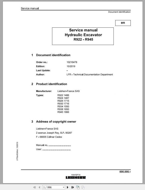 Liebherr Hydraulic Excavators R 922 R 945 Service Manual