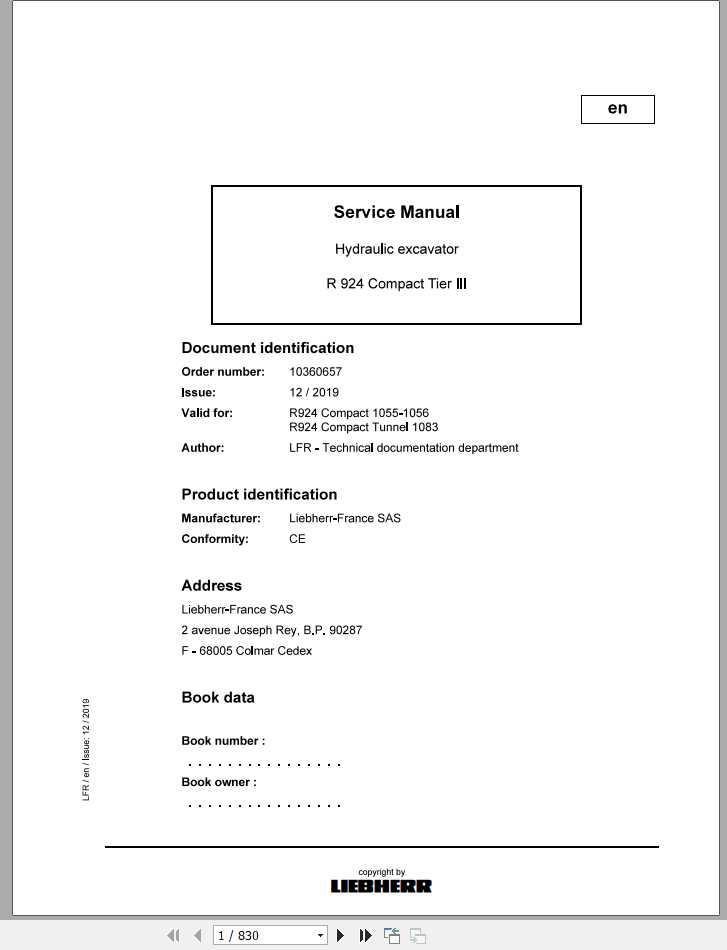 Liebherr Hydraulic Excavators R 924 Compact Tier III Service Manual