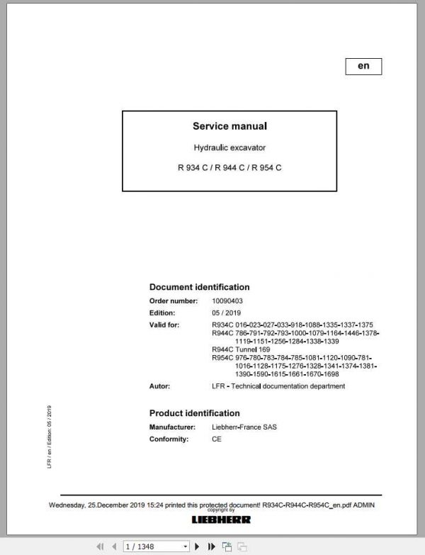 Liebherr Hydraulic Excavators R 934 C R 944 C R 6954 C Service Manual 1