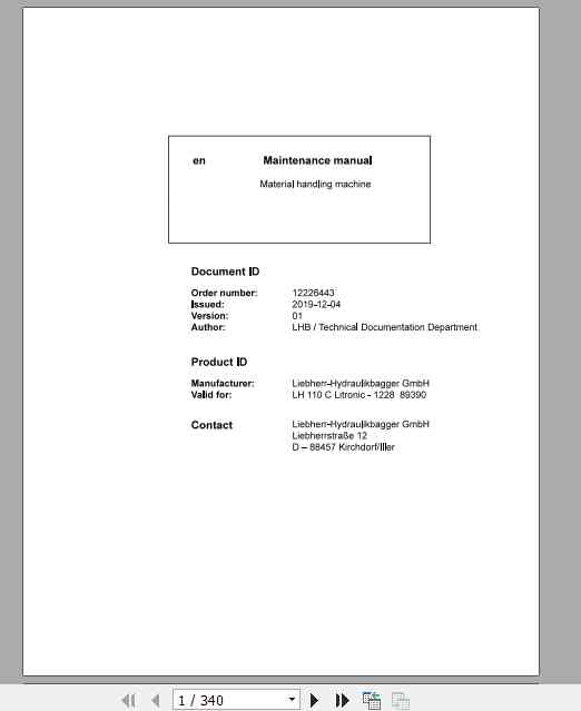 Liebherr Material Handling Machine LH110 C Maintenance Manual