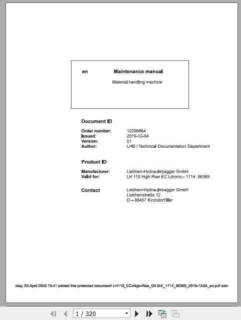 Liebherr Material Handling Machine LH110 EC Maintenance Manual