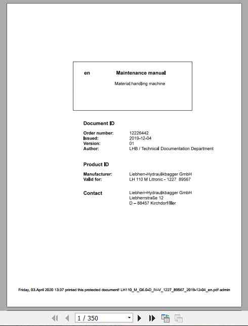 Liebherr Material Handling Machine LH110 M Maintenance Manual 1