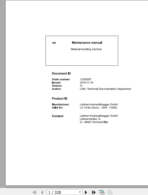 Liebherr Material Handling Machine LH18 M Maintenance Manual