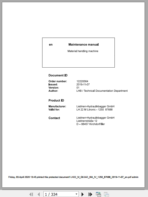 Liebherr Material Handling Machine LH22 M Maintenance Manual