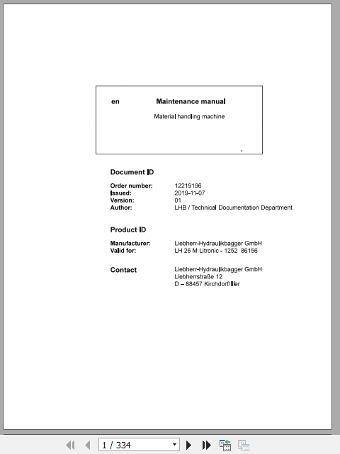 Liebherr Material Handling Machine LH26 M LI Maintenance Manual