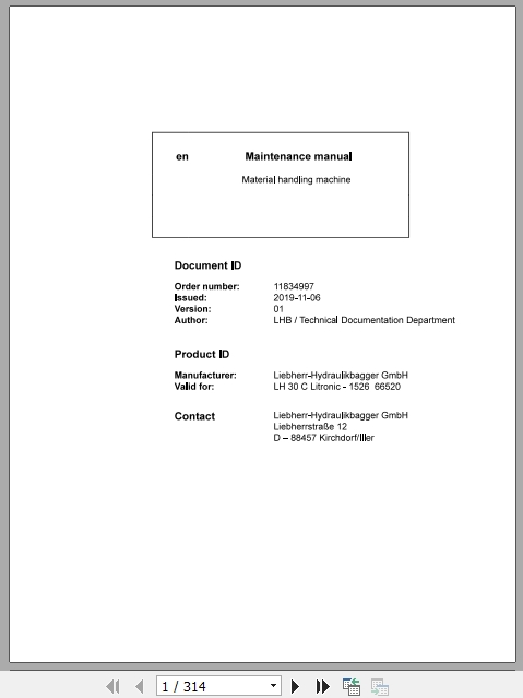 Liebherr Material Handling Machine LH30 C Maintenance Manual