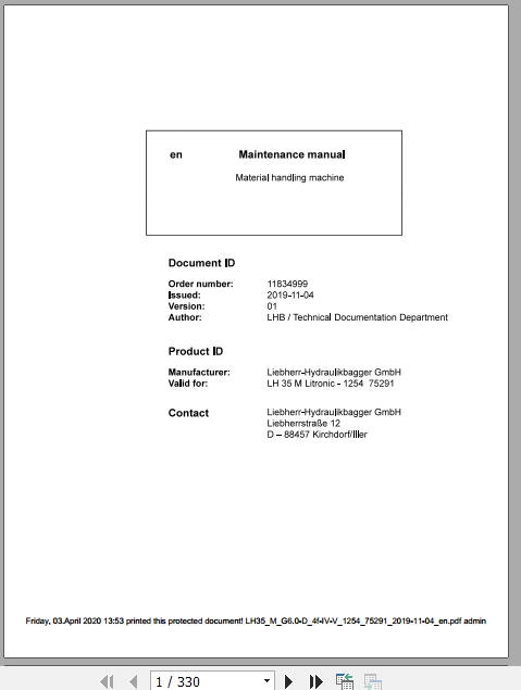 Liebherr Material Handling Machine LH35 M Maintenance Manual