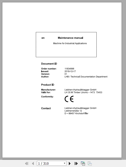 Liebherr Material Handling Machine LH35 M Timber Maintenance Manual